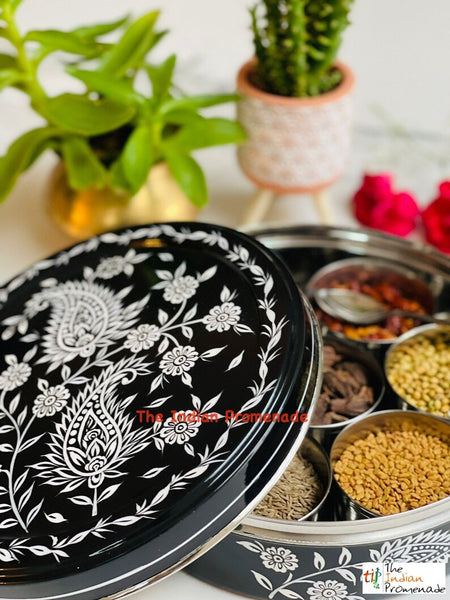Hand Painted Paisley Enamelware Masala Dani (Spice Box) -Black