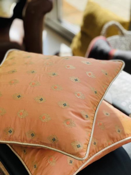 Dupion Silk Cushion Cover with subtle gold weave-Peach