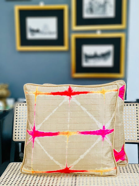 Pure Silk Tie & Dye Cushion Cover with Subtle Gold Zari Stripes- Beige
