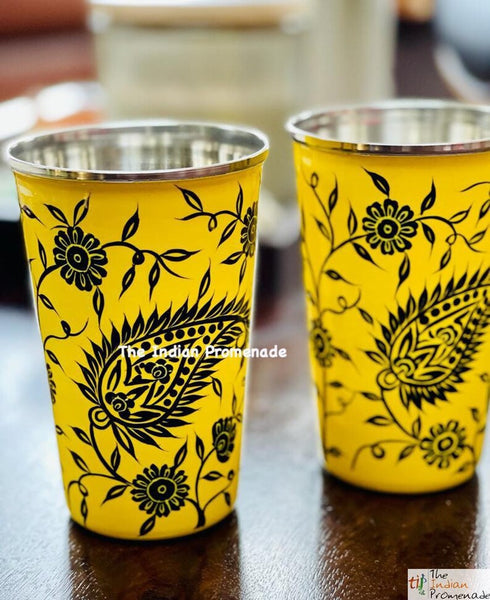 Yellow Paisley Hand Painted Kashmir Enamelware Stainless Steel Tumblers ( set of 4)