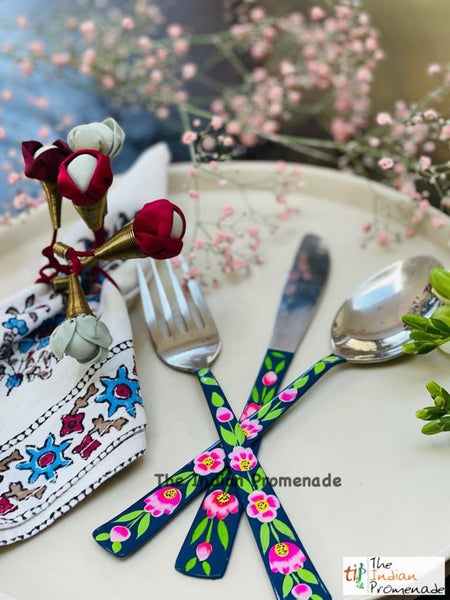 Hand-painted Floral Kashmir Enamelware Cutlery set of 18- Midnight Blue