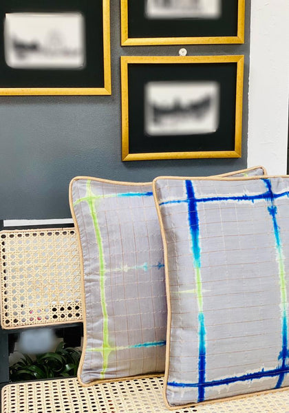 Pure Silk Tie & Dye Cushion Cover with Subtle Gold Zari Stripes- Grey