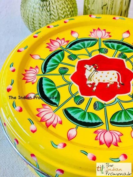 Hand Painted Pichwai art Inspired Enamelware Masala Dani (Spice Box) Yellow