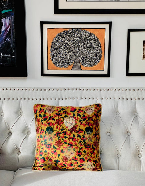 Printed Chanderi with Subtle Gold Weave Cushion Cover- Mustard