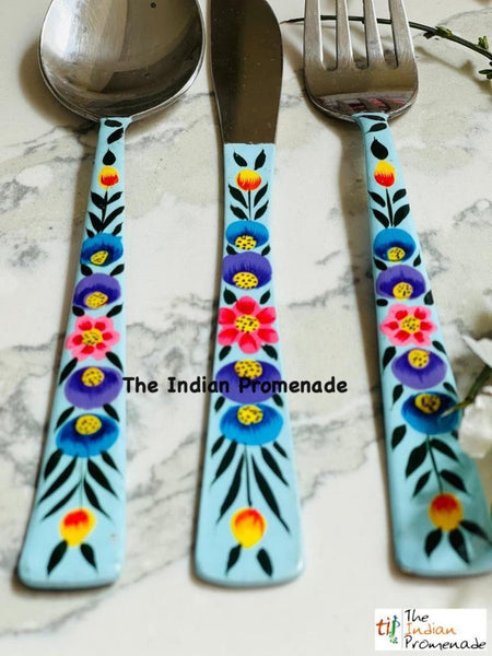 Hand-painted Floral Kashmir Enamelware Cutlery set of 18- Turquoise Blue