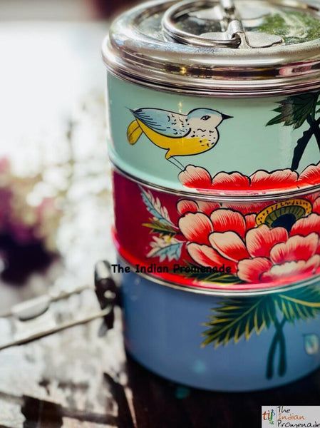 3 Tier Hand Painted Kashmir Enamelware Stainless Steel Tiffin ( Multicolour with birds)