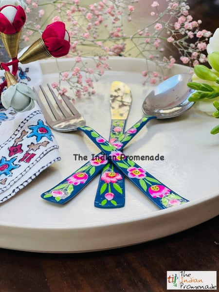 Hand-painted Floral Kashmir Enamelware Cutlery set of 18- Midnight Blue