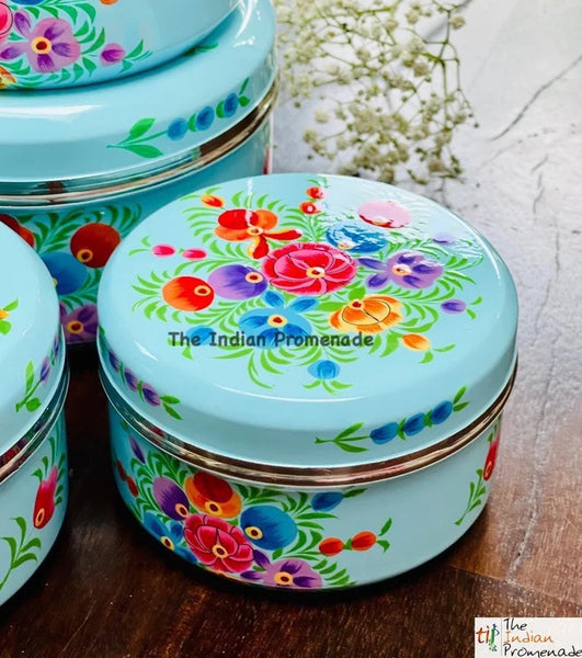 Set of 4 Hand Painted Enamelware steel containers - Blue