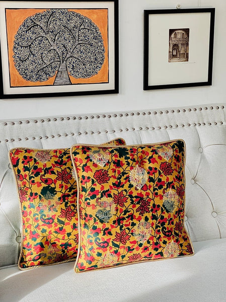 Printed Chanderi with Subtle Gold Weave Cushion Cover- Mustard