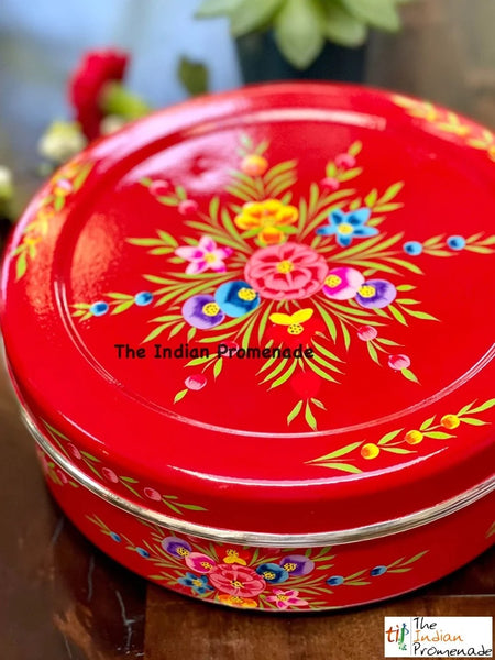 Red Hand-painted Kashmiri enamelware cookie container