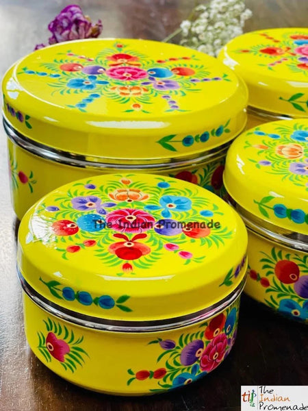 Set of 4 handpainted enamelware steel containers - yellow