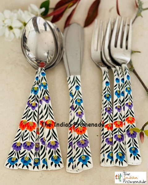 Hand-painted Floral Kashmir Enamelware Cutlery set of 18- White