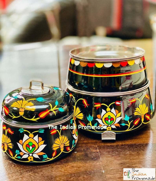 3 Tier Black Hand Painted Enamelware Stainless Steel Tiffin