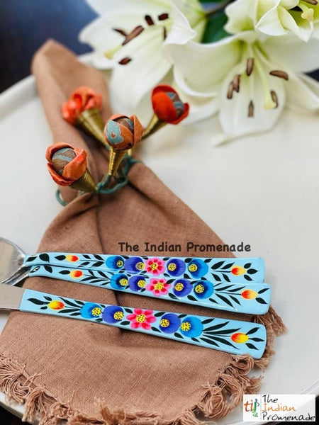 Hand-painted Floral Kashmir Enamelware Cutlery set of 18- Turquoise Blue