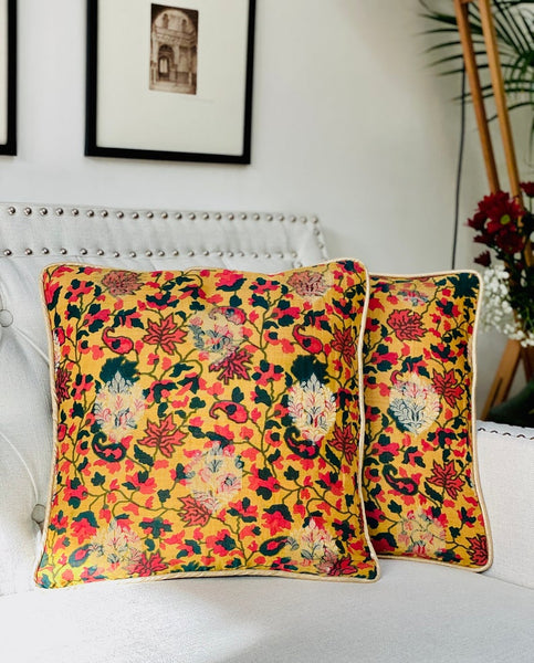 Printed Chanderi with Subtle Gold Weave Cushion Cover- Mustard