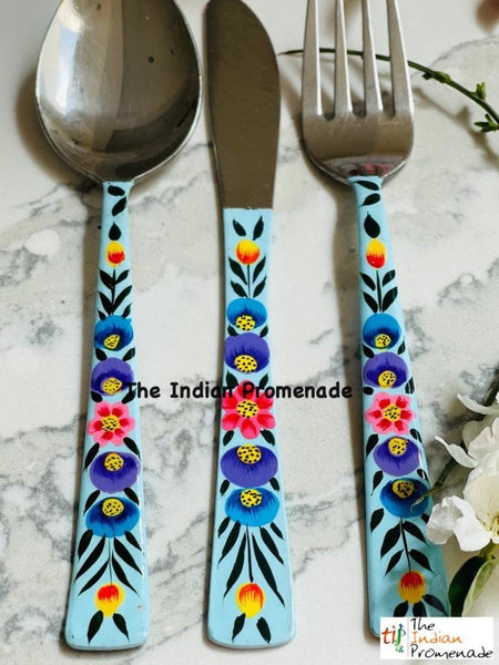 Hand-painted Floral Kashmir Enamelware Cutlery set of 18- Turquoise Blue