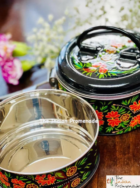 2-Tier HandPainted Kashmir Enamelware Stainless Steel Tiffin-Black/Orange