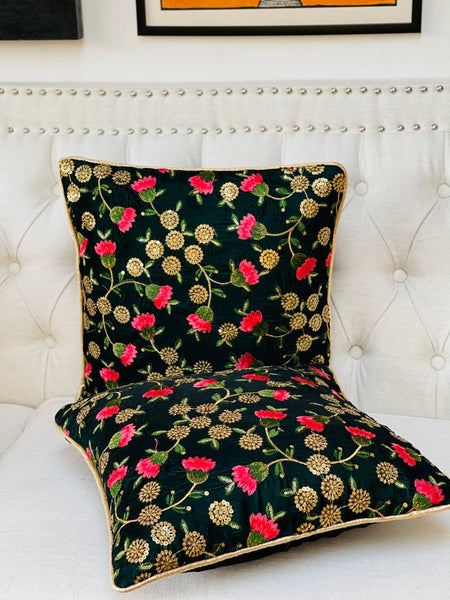 Green Velvet with Floral Embroidery and Sitara work Cushion Cover