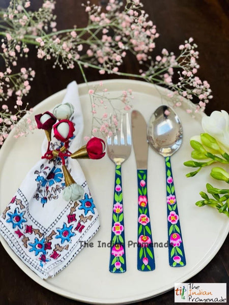 Hand-painted Floral Kashmir Enamelware Cutlery set of 18- Midnight Blue