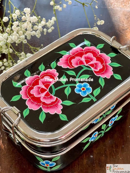 Hand Painted Enamelware Stainless Steel 2 tier Lunch Box /Lunch Tin (Black)