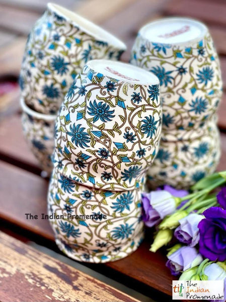Glazed Kulhad Chai Glasses-Floral Blue , set of 6