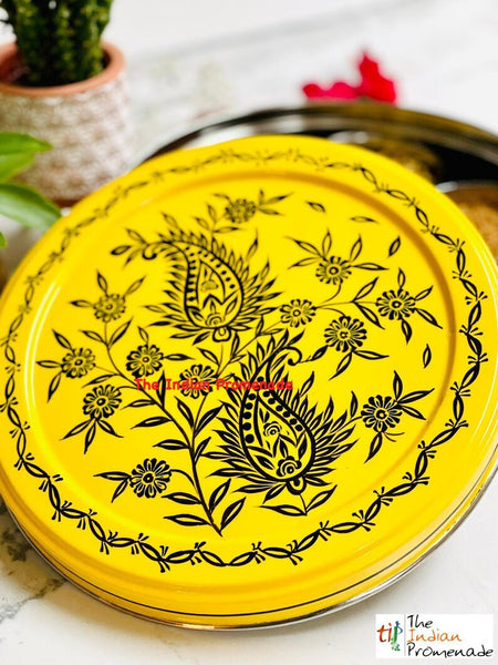 Hand Painted Paisley Enamelware Masala Dani (Spice Box)-Yellow