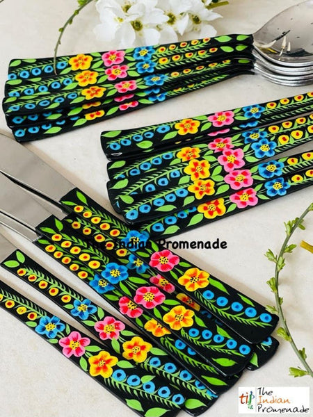 Hand-painted Floral Kashmir Enamelware Cutlery set of 18- Black