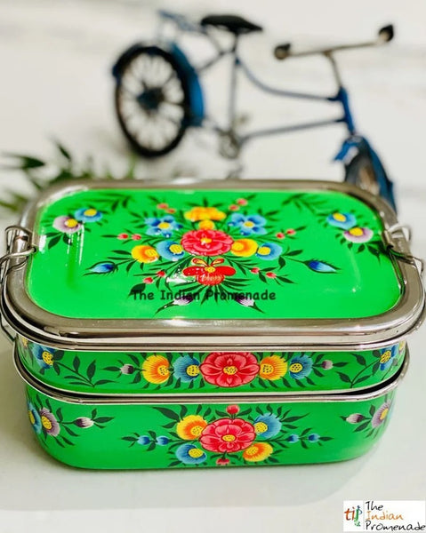 Hand Painted Enamelware Stainless Steel 2 tier Lunch Box/Lunch Tin  (Green)