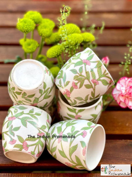 Glazed Kulhad Chai Glasses-Floral Green , set of 6