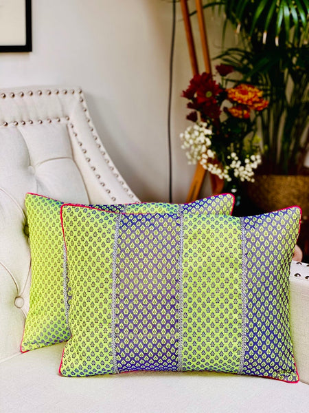Patchwork Cushion Cover in Double Shades - Parrot Green/ Blue