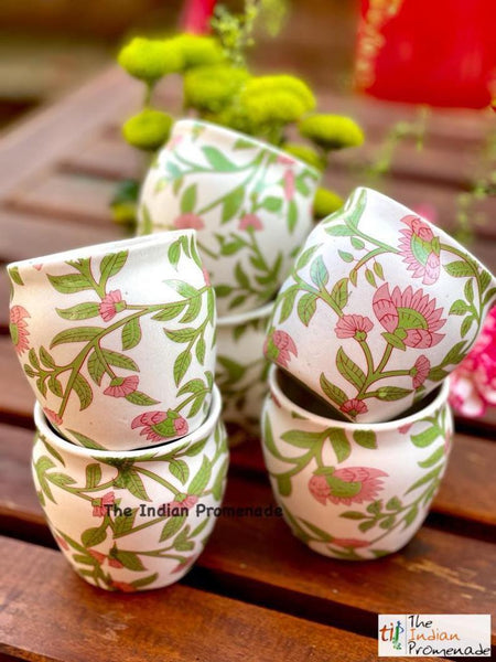 Glazed Kulhad Chai Glasses-Floral Green , set of 6