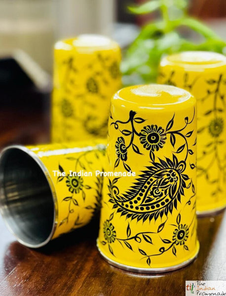 Yellow Paisley Hand Painted Kashmir Enamelware Stainless Steel Tumblers ( set of 4)