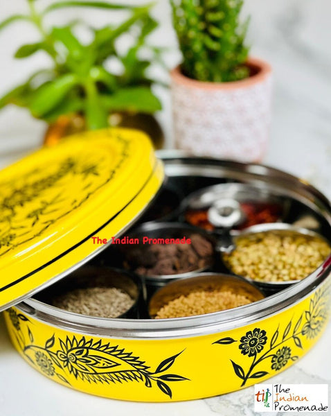 Hand Painted Paisley Enamelware Masala Dani (Spice Box)-Yellow