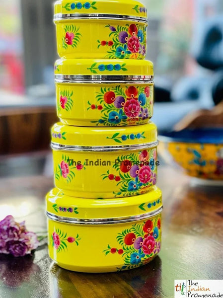 Set of 4 handpainted enamelware steel containers - yellow