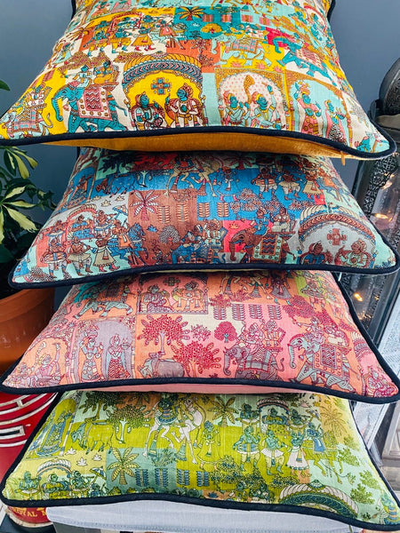 Phad Printed Raw Silk Cushion Cover ( Mint Green)